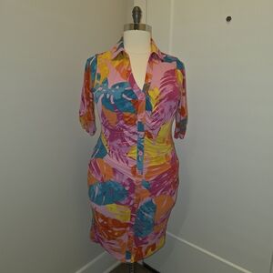 Ashley Stewart Pink Multi-Color Tropical Shirt Dress